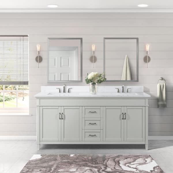 Home Decorators Collection Ashburn 73 in W x 22 in D x 39 in H Double Sink Freestanding Bath Vanity in Gray w/ Carrara Marble Engineered Stone Top