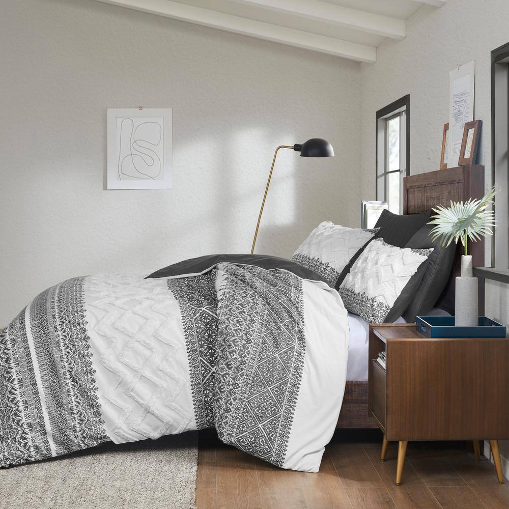 Mila Gray Cotton King Duvet Cover Set with Chenille Tufting