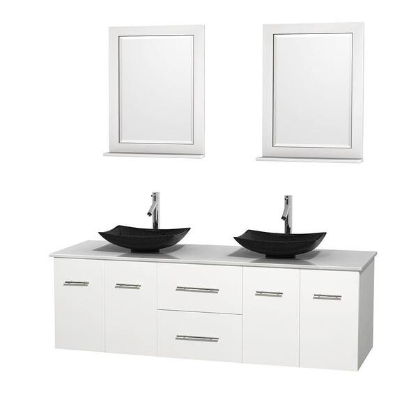 Wyndham Collection Centra 72 in. Double Vanity in White with Solid-Surface Vanity Top in White, Black Granite Sinks and 24 in. Mirrors