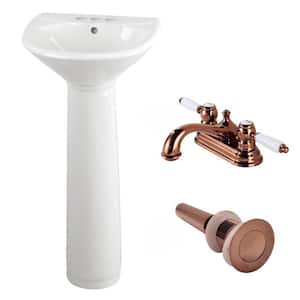 16 in. W White Pedestal Bathroom Sink Porcelain Basin, Pedestal Leg, Rose Gold Brass 4 in. Faucet and Drain