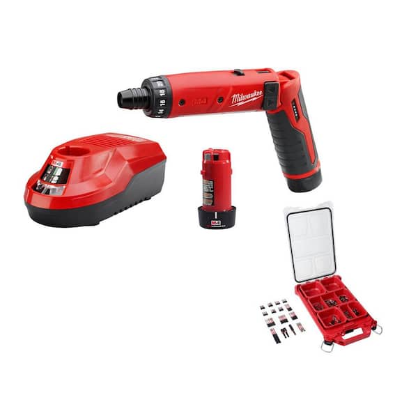 M4 4V 1/4 in. Hex Screwdriver 2-Battery Kit with 100-Pc SHOCKWAVE Bit Set w/ PACKOUT