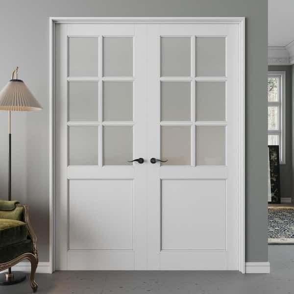 56 in. x 80 in. 6-Lite Frosted Glass Universe White Solid Core Wood Double Prehung French Door with Quick Assemble Jamb