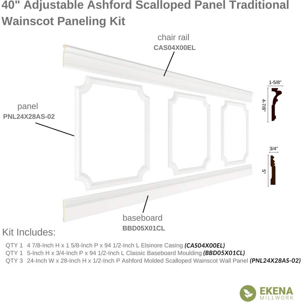 Adjustable White Polyurethane Scalloped Wainscot Paneling Kit