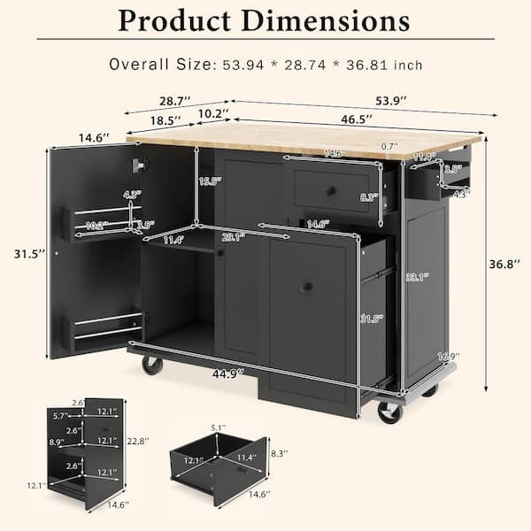 ARTCHIRLY Black Rubber Wood Top 53.9 in. Kitchen Island with