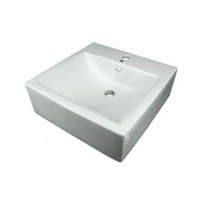 Small Countertop Square Vessel Bathroom Sink in White with Single Faucet Hole and Overflow Scratch and Stain Resistant