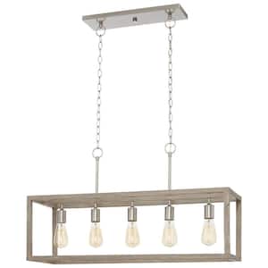 Boswell Quarter 34 in. 5-Light Brushed Nickel Farmhouse Linear Chandelier with Weathered Wood Accents