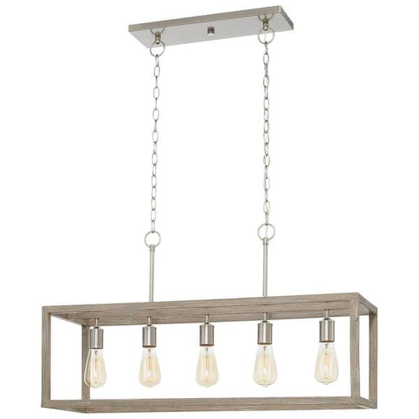 Hampton Bay Boswell Quarter 34 in. 5-Light Brushed Nickel Farmhouse Linear Chandelier with Weathered Wood Accents