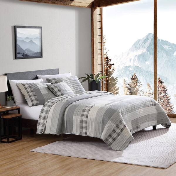 EDDIE BAUER Fairview 4-Pcs Gray Plaid Cotton Full/Queen Quilt Set