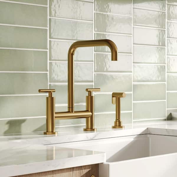 Culinary 2-Handle Industrial 8 in. Widespread Bridge Kitchen Faucet with Side Sprayer Spot Resist in Brushed Gold