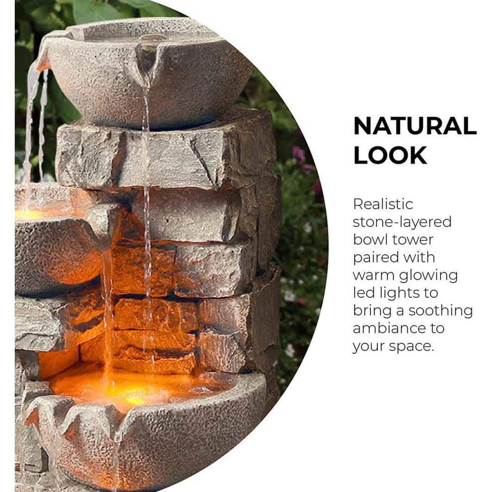 Stone Gray Cascading Bowls and Stacked Stones LED Outdoor Fountain