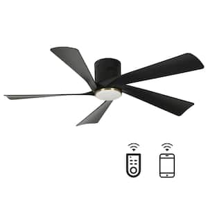 52 in. Smart Indoor Black Low Profile Standard Flush Mount Ceiling Fan Light with Bright White Integrated LED 5 Blades