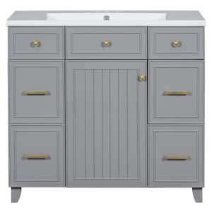 35.4 in. W x 16.65 in. D x 33.3 in. H Solid Wood MDF Board Bath Vanity Cabinet without Top with Door, 3-Drawers in Gray