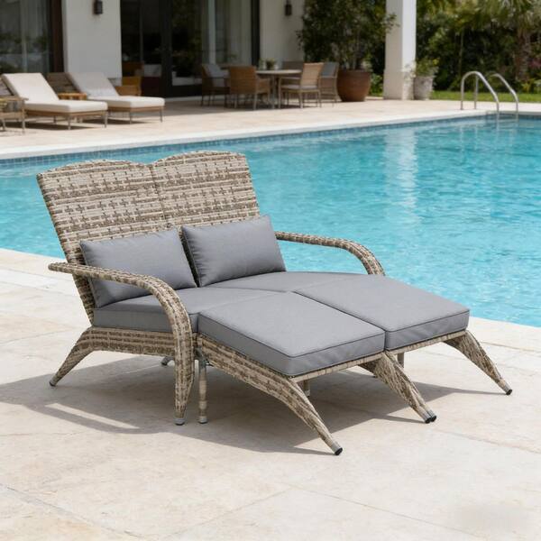 Wicker Outdoor Chaise Lounge with Gray Cushions, 2 Person