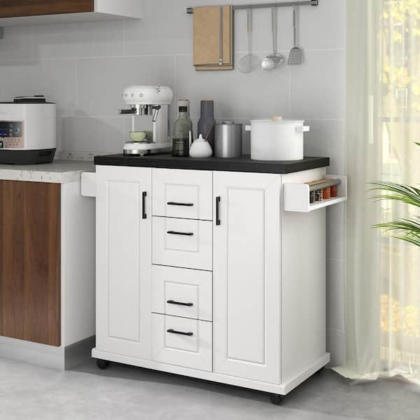White Engineered Wood Kitchen Cart with Countertop and Storage Cabinets