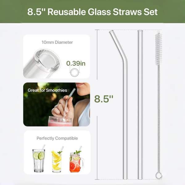 Reusable Disposable Glass Straws Set with 8 Straight, 6 Bent and 4 Straw Cleaner Brush for Juice, Tea, Clear (18-Pack)
