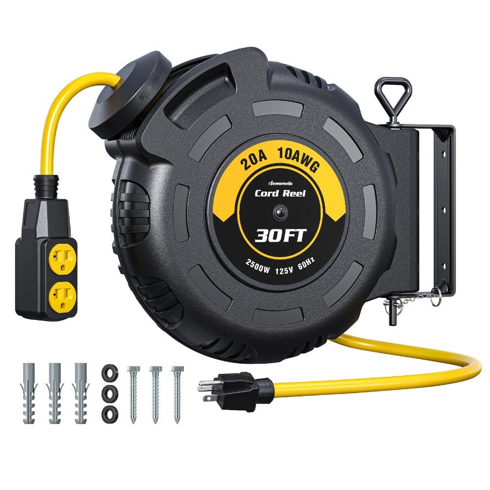 30 ft. 10 Gauge 20A SJTW Retractable Extension Cord Reel, 2 NEMA 5-20P Outlets, Wall Ceiling Mount, Yellow Red price history on PriceWatchPro