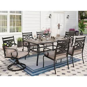 Black 7-Piece Metal Patio Outdoor Dining Set with Cast Iron Swivel Chair with Beige Cushions