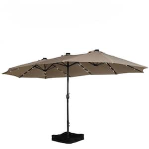 15 ft. Double-Sided Large Market Patio Outdoor Garden Umbrella in Brown with 36 Solar LED Lights, Base and Hand Crank