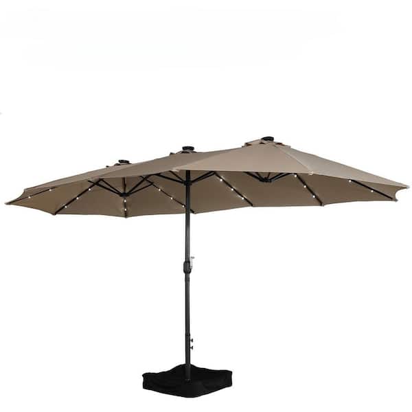 Clihome 15 ft. Double-Sided Large Market Patio Outdoor Garden Umbrella in Brown with 36 Solar LED Lights, Base and Hand Crank