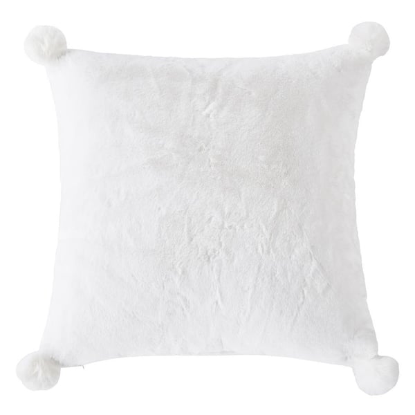 LEVTEX HOME Macallister White Faux Fur with Corner Pom Pom 18 in. x 18 in. Throw Pillow