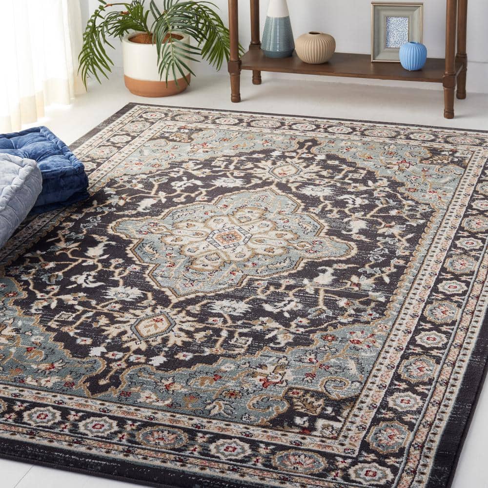Anthracite Teal Square Synthetic 7' Easy Care Area Rug