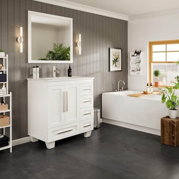 Eviva Loon 30 in. W x 22 in. D x 34 in. H Bathroom Vanity in White with White Carrara Quartz Top with White Sink