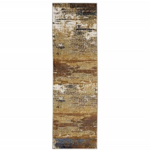 2' X 8' Gold Brown Rust Grey Blue And Beige Abstract Power Loom Stain Resistant Runner Rug