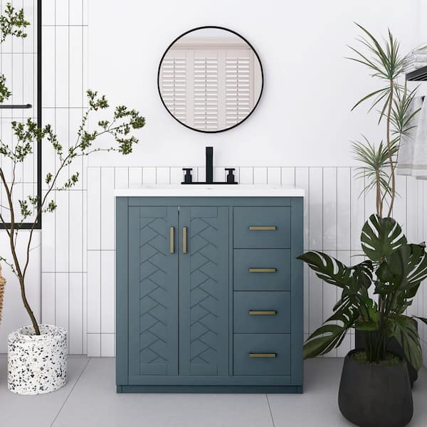 JimsMaison 30 in. W x 18 in. D x 34 in. H Single Sink Freestanding Bath Vanity in Navy Blue with White Ceramic Top