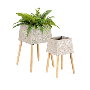 Stamped Metal Geometric Planter with Wooden Legs (Set of 2)