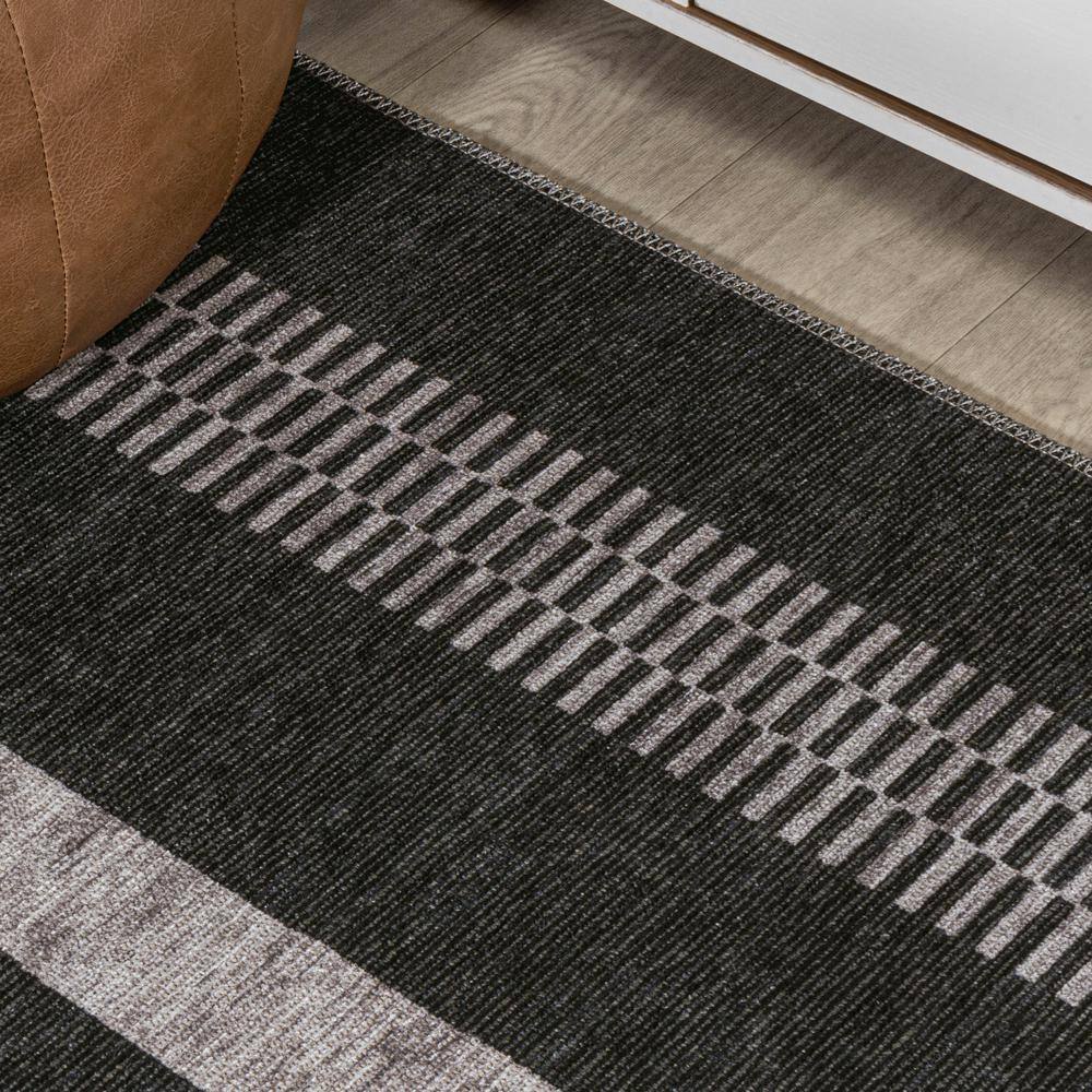 Ivory and Black Striped Synthetic Washable Area Rug