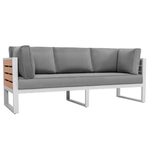 White Aluminum Outdoor 3-seat Sofa with 4.7 in. Thick Gray Cushion and Pillows, Imitation Wood, Polyester Fabric