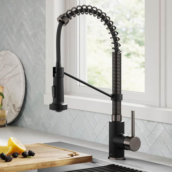 Single Handle 18-Inch Pull Down Kitchen Faucet with Dual Function Spray Head in Matte Black/Black Stainless