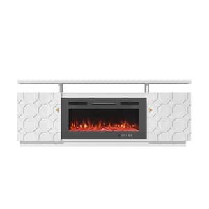 70 in. W Adjustable Shelf White Fireplace TV Stand with Light Bars and 2 Cabinets