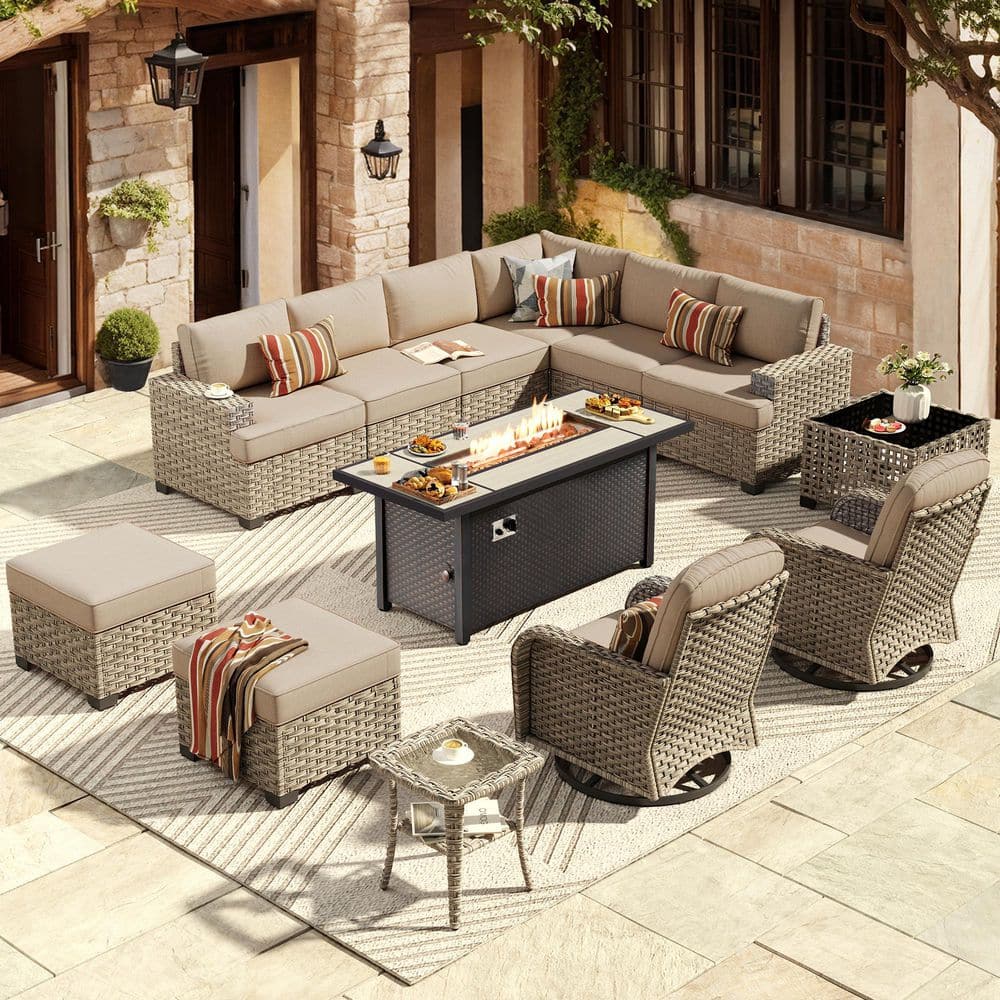 Tiberty Gray 13-Piece Wicker Patio Rectangle Fire Pit Conversation Set with Beige Cushions and Swivel Chairs price history on PriceWatchPro