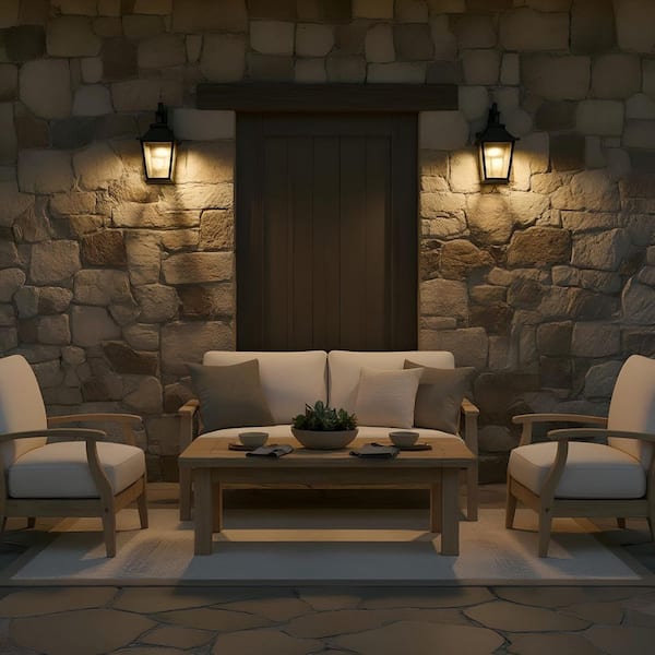 Studio Warren Mini 14.3 in. Textured Black Integrated LED Outdoor Wall Mount Lantern Sconce with Clear Glass Panels