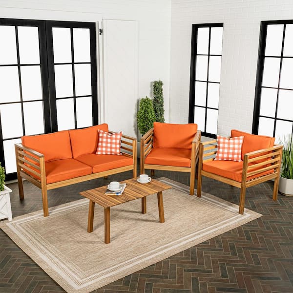 Thom 4-Piece Mid-Century Acacia Wood Outdoor Patio Set and Plaid Decorative Pillows, Orange/Teak Brown Cushions