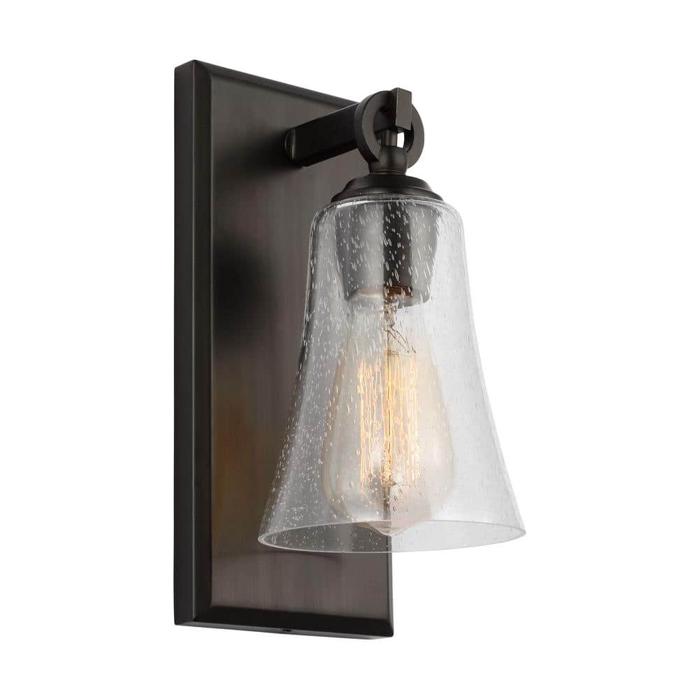 Monterro 5 in. 1-Light Aged Iron Transitional Wall Sconce with Clear Seeded Glass Shade price history on PriceWatchPro