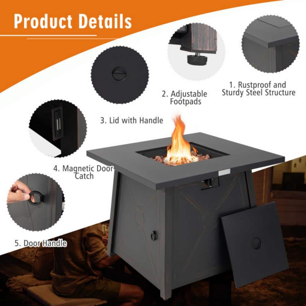 Black Steel 30-Inch Square Gas Fire Pit Table with Cover