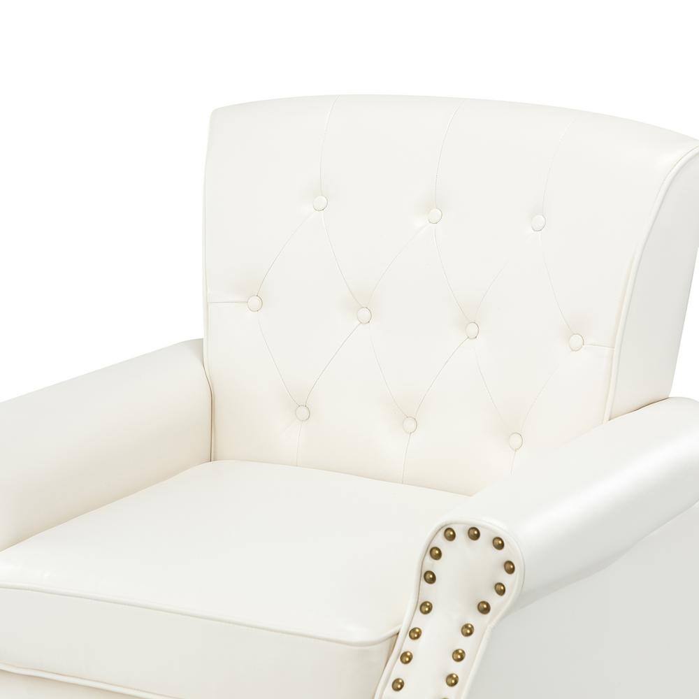 Ivory Faux Leather Accent Chair with Nailhead Trim and Wood Legs