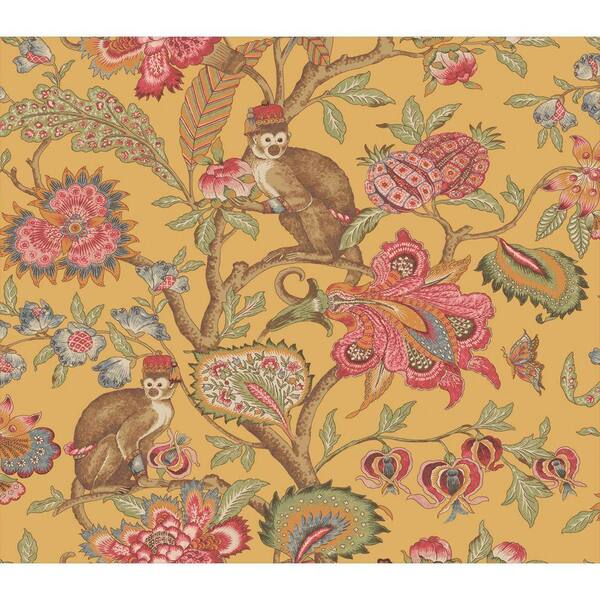 The Wallpaper Company 56 sq. ft. Yellow Earth Tone Eastern Plants and Monkeys Wallpaper