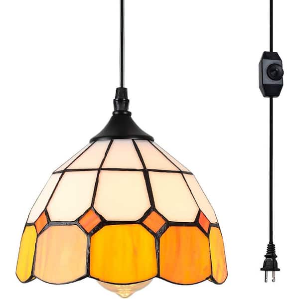 7.9 in. W 1-Light Tiffany Dimmable Hanging Pendant Light with Glass Shade, Yellow+White, No Bulbs Included