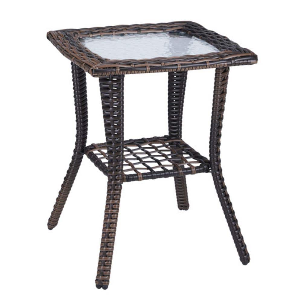 Brown Wicker and Glass Outdoor Square End Table