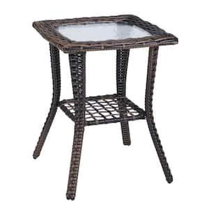 Outdoor Wicker Side Table Rattan End Table with Glass Top Patio Coffee Bistro Table in Brown