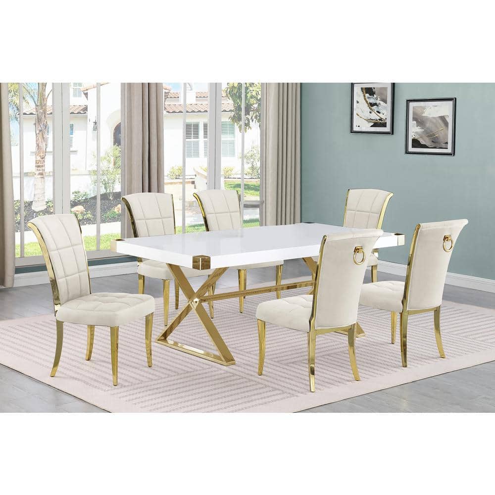Best Quality Furniture Miguel 7Piece Rectangle White Wood Top Gold