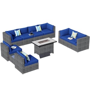 Messi Grey 10-Piece Wicker Outdoor Patio Fire Pit Conversation Sofa Sectional Set with Navy Blue Cushions