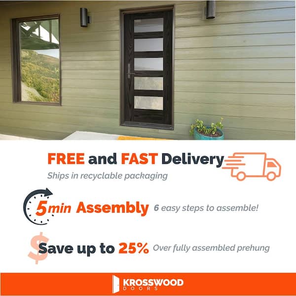 36in.x79in. Modern 5-Lite Frosted Glass LH Teak Stain Fiberglass AssemblyRequired Front Door Kit w/Quick Assemble Jamb