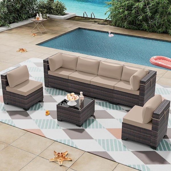 Halmuz 7-Piece Wicker Outdoor Sectional Set with Cushion Sand 7PS