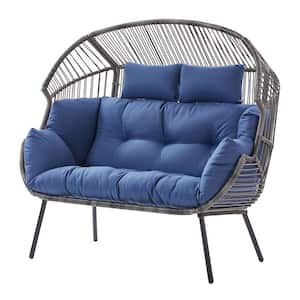 58 in. W Oversized Gray Wicker Loveseat Egg Chair Patio Backyard Indoor/Outdoor Chaise Lounge with Blue Cushions
