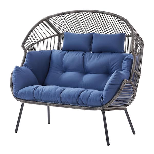 Pocassy 58 in. W Oversized Gray Wicker Loveseat Egg Chair Patio Backyard Indoor/Outdoor Chaise Lounge with Blue Cushions