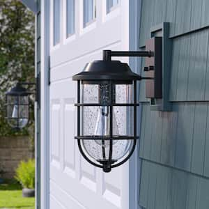 Matte Black Outdoor Hardwired Wall Lantern Sconce with Seeded Glass and No Bulbs Included